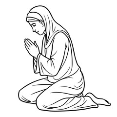A person kneeling in prayer. Line art vector illustration 