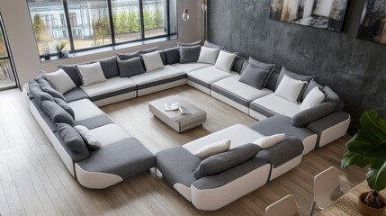 Fototapeta premium Modern Grey and White Sectional Sofa in a Spacious Living Room