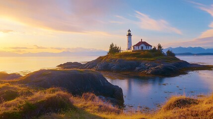 A serene coastal scene featuring a lighthouse on a rocky island, surrounded by water and illuminated by a colorful sunset.