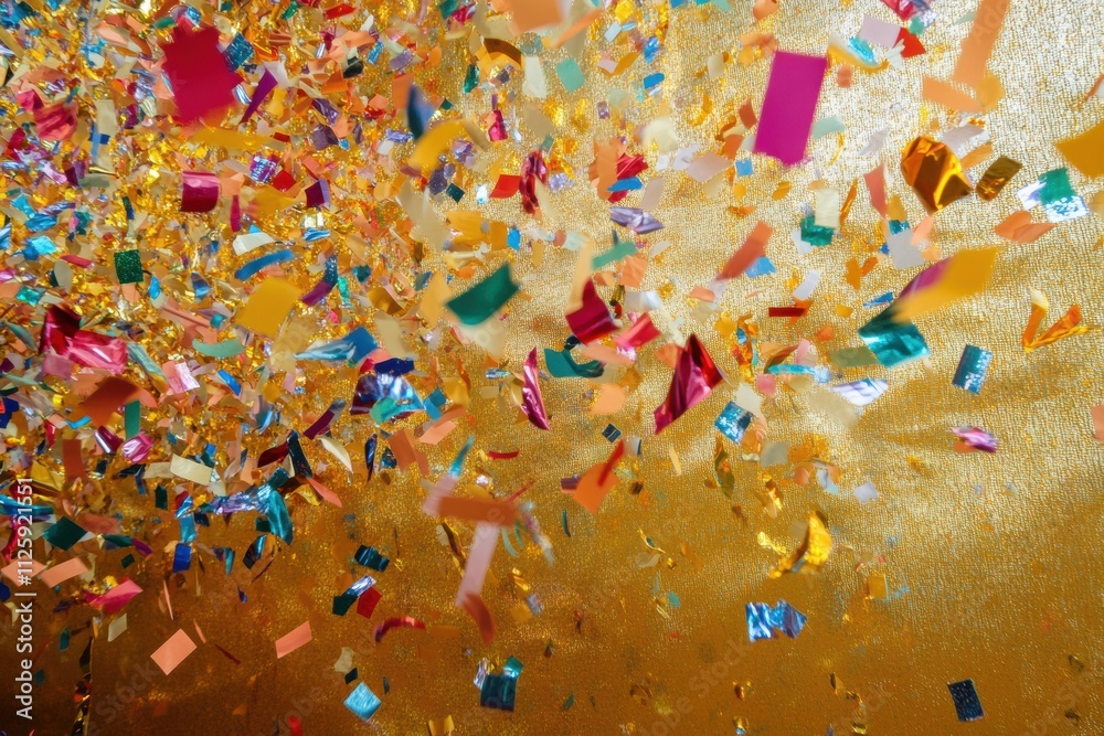 Poster colorful confetti and curling ribbons cascade against a glittering golden backdrop, creating an exci