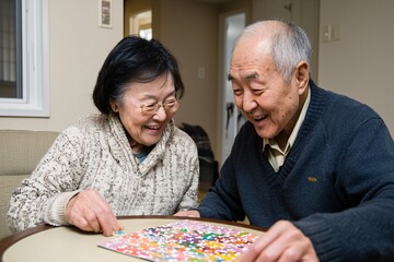 Fototapeta premium An elderly couple joyfully engages in a colorful activity together, showcasing companionship and happiness in a warm, homey setting.