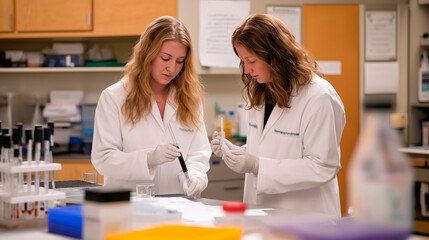 Obraz premium Two female researchers conducting tests in a laboratory