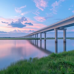 Serene Sunset Over Coastal Highway Bridge