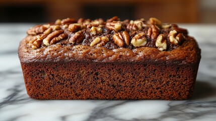 Deliciously moist banana bread showcases a golden-brown crust and is generously topped with toasted pecans, placed on a marble surface for a rustic touch.