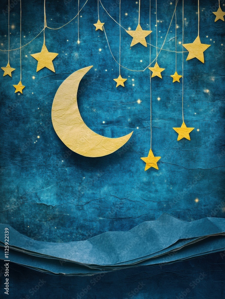 Poster a whimsical holiday atmosphere features a paper-crafted moon and stars gently hanging from strings a