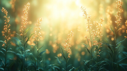 Fototapeta premium Seasonal summer background with bright sunbeams filtering through tall green grass