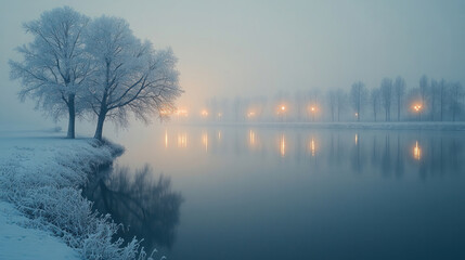 Seasonal winter background of frosty trees silhouetted against a soft gradient sky