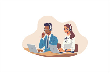 Support call center people working in office wearing headsets, microphones, talking to customers. Operator consult clients on phone helpline. Customer support help service flat vector illustration