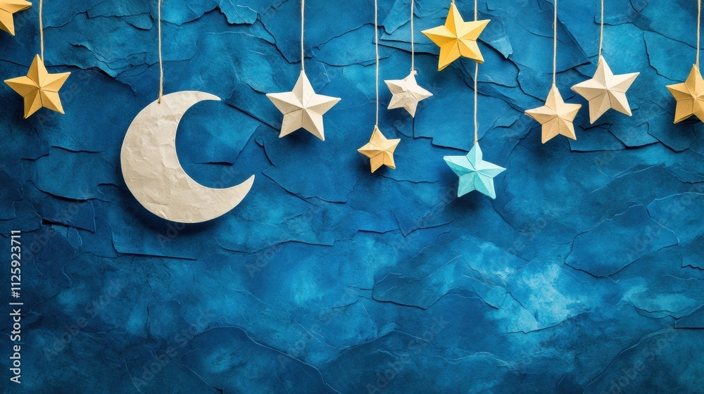 Leinwandbilder a charming, dreamlike holiday setting features a paper-crafted moon and stars suspended on strings, 