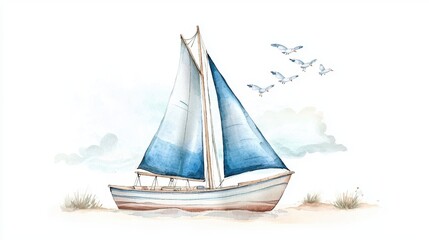 Fototapeta premium Sailing adventure watercolor sailboat illustration coastal view art
