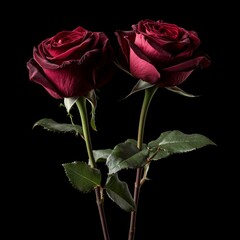 Fototapeta premium Two Dark Red Roses on Black Background