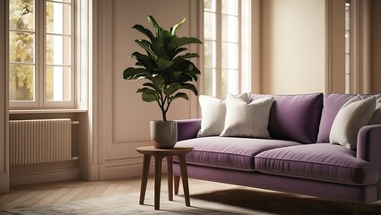 Classic living room with purple sofa, wooden table, and plant.