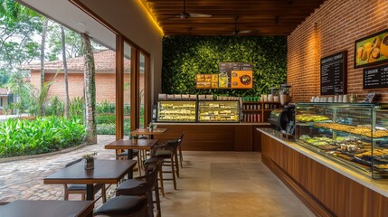 Cozy Indoor Caf&eacute; with Warm Lighting and Greenery