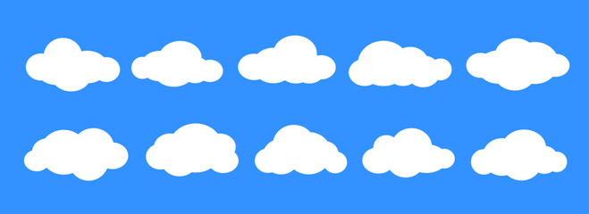 Comic clouds on blue sky background. Cartoon cloud shapes set for icon, poster, banner, label, badge, tag, logo, decoration. White speech bubble collection. Text box claud bundle. Vector