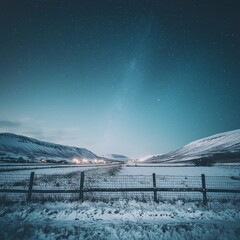 Winter Night Landscape under Starry Sky in Iceland