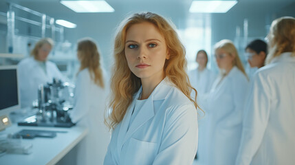 Fototapeta premium Female scientist in a lab coat standing in a modern laboratory
