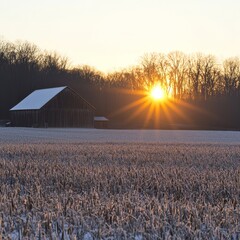 Winter Sunrise over Frosty Field and Barn