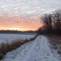 Winter Sunrise Over Snowy Field with Birds in Flight