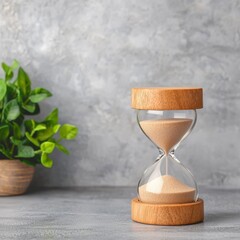 Wooden Hourglass on Grey Background with Plant