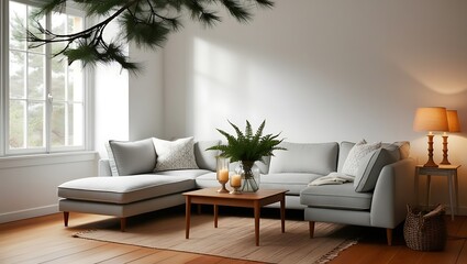 Bright living room with grey sectional sofa, wood floor, and large window.