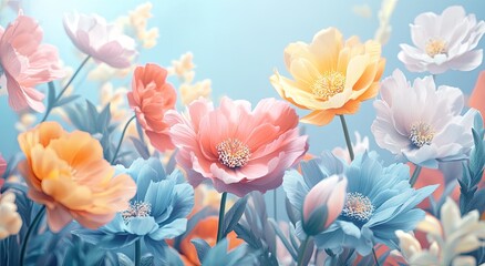 Colorful pastel blue, pink, orange, yellow, and white giant flowers against a background vector presentation design illustration