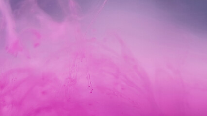 Color fluid splash. Ink cloud overlay. Defocused sparkling painting bright flows pink liquid smoky water on abstract art background.