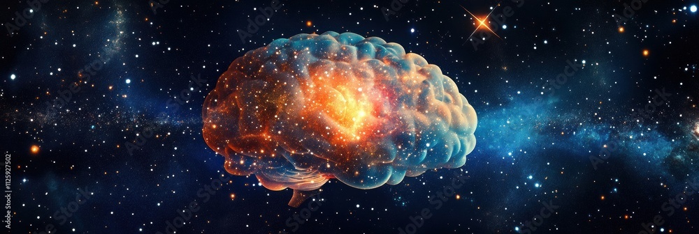Poster a vivid cosmic brain appears among stars and galaxies, illuminated against a deep space backdrop, in