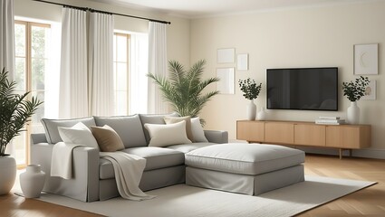 Fototapeta premium Modern living room with gray sofa, TV, and plants.