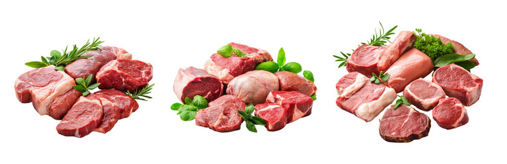 Fototapeta premium Set of Fresh cuts of meat display on transparency background white setting culinary presentation home kitchen top view gourmet concept