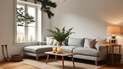 Cozy living room with grey sectional sofa, wooden furniture, and natural light.