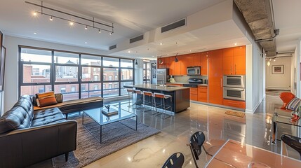Modern Loft Apartment with Orange Kitchen and City Views