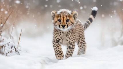 Obraz premium cheetah cub walking in the snow during winter