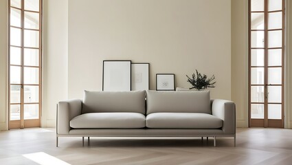 Minimalist living room with beige sofa, framed art, and natural light.
