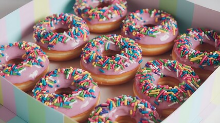 Colorful sprinkle donuts with glossy glaze, placed in pastel-striped box, perfect for party favors with cheerful table setting