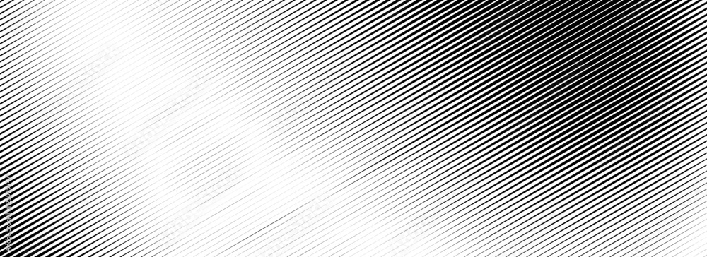Poster Fading line halftone gradient texture. Black diagonal stripe gradation background. Thin to thick vanish slanted pattern backdrop. Oblique parallel stroke wallpaper for overlay, print, cover. Vector