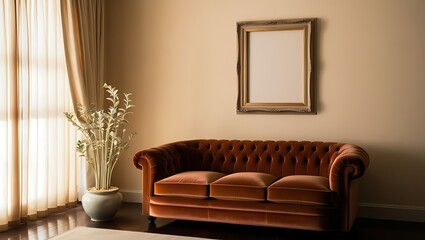 Brown sofa, blank frame, plant, window with curtains in living room.