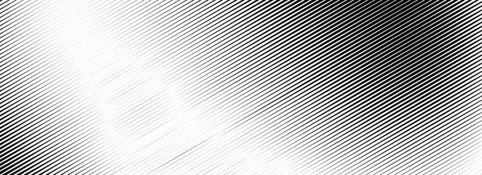 Fading line halftone gradient texture. Black diagonal stripe gradation background. Thin to thick vanish slanted pattern backdrop. Oblique parallel stroke wallpaper for overlay, print, cover. Vector