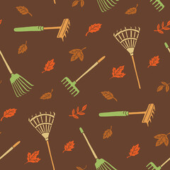 Rake Fall Leaves Vector Seamless Pattern illustration Design
