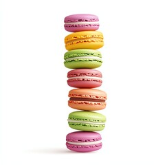 A colorful stack of macarons, featuring vibrant hues and smooth textures, showcasing a delightful array of flavors in a visually appealing arrangement.