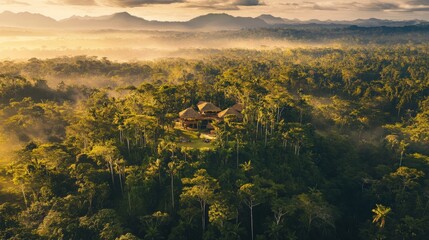 Obraz premium Lush Rainforest Eco Lodge at Golden Hour Light