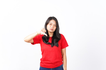 Showing Thumb Down, Dislike Concept Of Beautiful Asian Woman Wearing Red Shirt Isolated On White Background