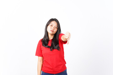 Showing Thumb Down, Dislike Concept Of Beautiful Asian Woman Wearing Red Shirt Isolated On White Background