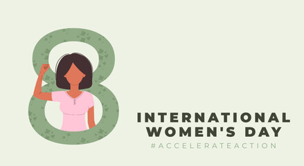 International Womens Day horizontal banner. AccelerateAction campaign. 8 march. Woman showing strength in their hand. Flat vector illustration