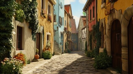 Fototapeta premium Charming cobblestone street in a quaint European village, sunlight illuminates colorful buildings and lush greenery.