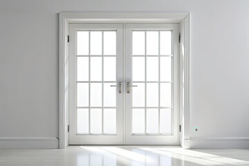 Fototapeta premium Minimalist Double Door Window, White Background, Interior Design, Modern Architecture, Glass Doors, Clean Lines, Simple Design, Architectural Photography