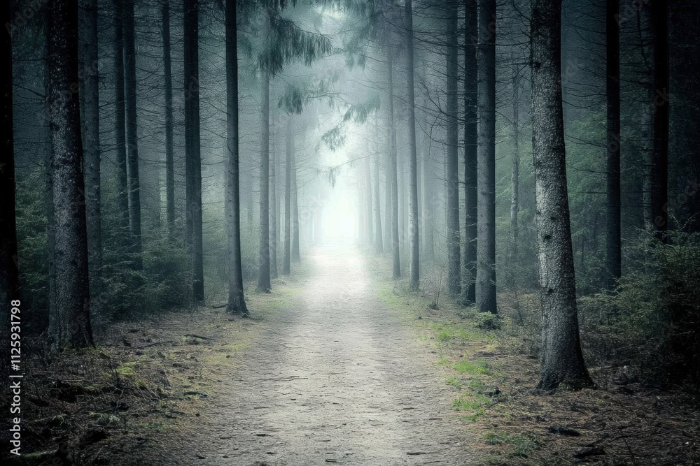 Leinwandbilder a tranquil pathway winds through dense woods, surrounded by tall trees and a misty ambiance, invitin