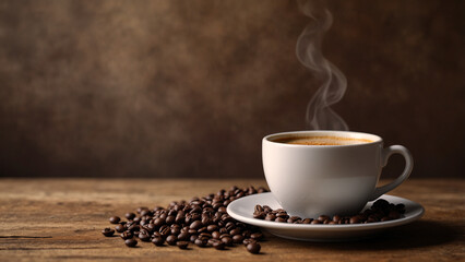 A steaming cup of frothy coffee on a wooden floor. Scattered coffee beans