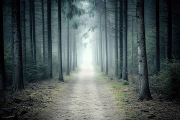 Fototapeta premium A tranquil pathway winds through dense woods, surrounded by tall trees and a misty ambiance, inviting exploration and calm reflection. Generative AI