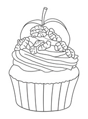 Adorable cupcake illustration with whipped cream details, perfect for coloring books, scrapbooking, or digital art. Fun and engaging linework design