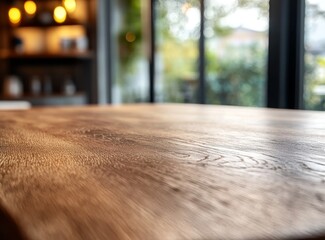 Close-up of a smooth, light brown wooden table surface in a modern cafe setting.